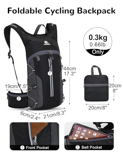 Outplea Foldable Cycling Backpack for Men Women, Small Packable Waterproof Hiking Daypack with Waist Belt, 6L Lightweight Mountain Bicycle Backpack fit Helmet for MTB Biking Skiing Climbing, Black