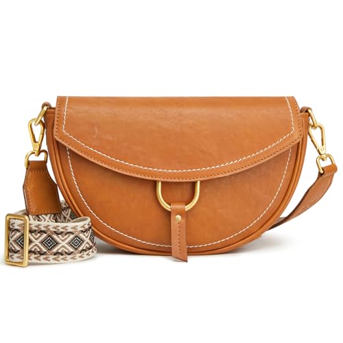 S-ZONE Crossbody Bags for Women Top Grain Leather Shoulder Bag Small Cross Body Purse with Adjustable Wide Strap Cognac