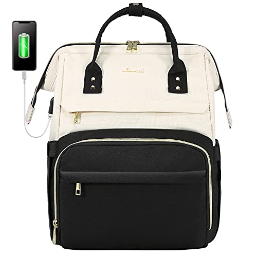 LOVEVOOK Laptop Backpack for Women, Fashion Computer Backpacks Purse, School Student Bookbag for Girl, Business Travel Bags, Doctor Nurse Backpack for Work, Fits 15.6-Inch Laptop, Beige-Black