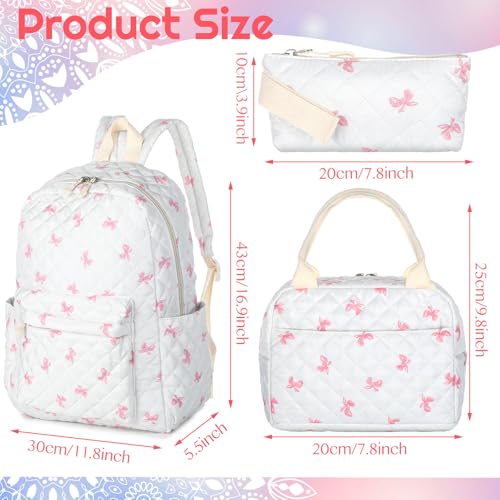 Shyyween 3 Pcs Backpack Back to School Bags Set Cotton Quilted Lunch Box Pencil Bag Daypack Bookbags for Girl Women Travel(Bow,Pink)