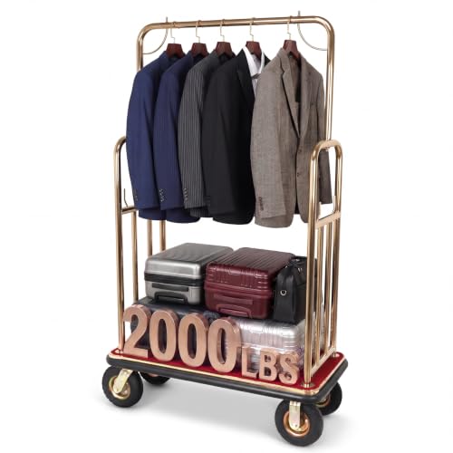 2000 LBS Heavy Duty Hotel Luggage Cart, Gold Bellman Cart with Carpeted Platform, 8" Pneumatic Wheels & Bumper Rails, Rolling Bellhop Luggage Trolley for Hotel, Resort & Condo, 42" x 26" x 70"