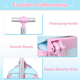 3-IN-1 Rolling Backpack for Girls with Lunch Bag Pencil case, Kawaii Backpack with Wheels for Girls, Roller School Bag with Wheels for Teen Elementary School Bookbags with Cute Pins Aquamarine-Pink
