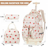 ACESAK Rolling Backpack for Girls, Roller Backpack with Lunch Bag & Pencil Pouch for Teen Girls Kids, Bookbag Backpack with Wheels for Women Elementary Middle High School Travel (Beige Strawberry)