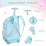 FIXITOK Rolling Backpack for Girls, Kawaii Bunny Roller Wheels School Backpacks with Lunch Bag Pencil case, Wheeled Suitcase Bookbag for Elementary Travel Dreamy Aquamarine