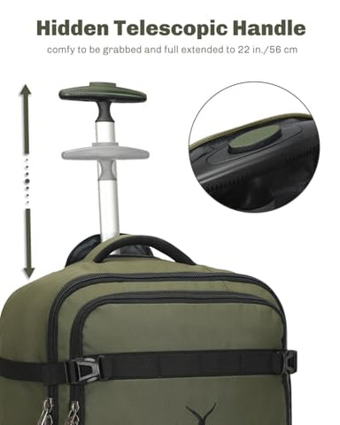 Hynes Eagle Rolling Backpack 42L Backpack with Wheels Airline Approved Carry on Luggage Laptop Travel Suitcase Bag for Women Men Dark Green