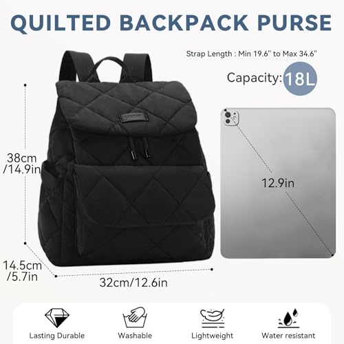 VASCHY Quilted Backpack Purse for Women, Lightweight Casual Puffer Flap Drawstring Backpack for Gym/Work/Travel/Hiking/Diaper Black