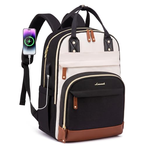 LOVEVOOK Laptop Backpack Women with USB Port Design,15.6 inch Waterproof Work Travel Backpack Computer Laptop Bag,Cute College Nurse Teacher Backpack Purse,Gifts for Women & Men,Beige-Black-Brown
