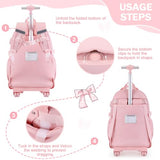 Bevalsa Rolling Backpack for Girls, Roller Backpack with Wheels, Cute Bow Plaid Wheeled School Bookbag Set with Lunch Bag & Pen Case, Suitcases for Kids Teens Elementary Middle Student (Pink)