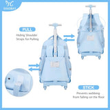 DIGOBAY Rolling Backpack for Girls, Roller School Bag with Wheels, Wheeled Backpacks with Lunch Bag Pencil case for Elementary School Bookbags with Cute Pins Blue