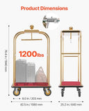 VEVOR Hotel Luggage Cart, 1200 lbs Heavy Duty Bellman Cart with Stainless Steel Frame, 8 in Rubber Wheels, Red Carpeted Deck, Commercial Luggage Carrier Rolling Trolley for Hotels, Resorts, Gold