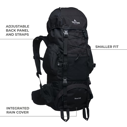 Teton 65L Scout Internal Frame Backpack for Hiking, Camping, Backpacking, Travel, Rain Cover Included, Buck Brown
