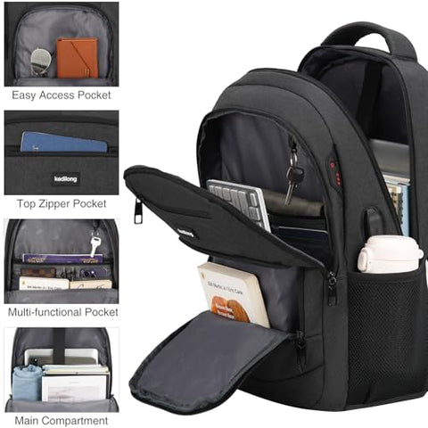 kadilong Laptop Backpack Men,School Backpacks for Student Teen Boys Bookbag College Computer Bag with USB Charging Port Fits 15.6 Inch Laptop and Notebook for Work Business Middle High School,Black