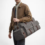 S-ZONE Unisex 56L Duffle Bag Canvas Travel Bag Carry on Leather Trim Overnight Weekender Bag Sports Bag for Travel Weekend Holiday, Grey
