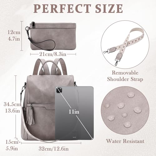 RAVUO Backpack Purse for Women, Fashion Anti Theft Leather Purse Convertible Ladies Shoulder Bag Handbag with Guitar Shoulder Strap,Grey