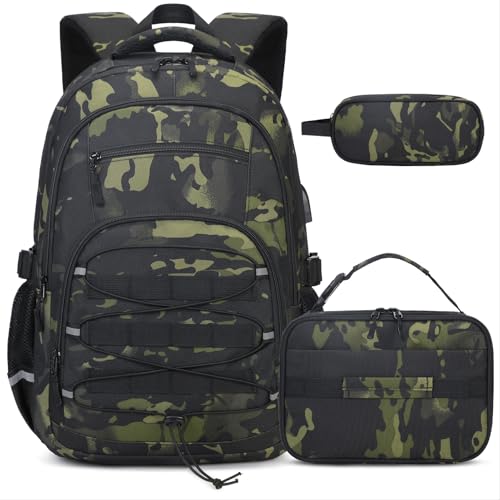 ACESAK Camo Backpack for Boys, Tactical Kids Backpack Boys, School Bags for Boy Children Teens Kids Elementary Middle High School, Military Bookbag and Lunch Bag Pencil Case Set with USB Charging Port