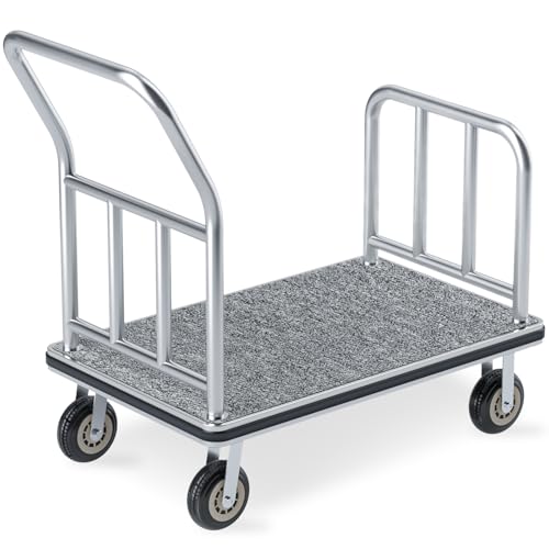 Hotel Luggage Cart, 900LBS Load Capacity Bellman's Cart with 8" Wheels, Brushed Stainless Steel Commercial Grade Hotel Luggage Trolley with Grey Carpeted Deck for Hotels (42''L x 25''W x 38''H)