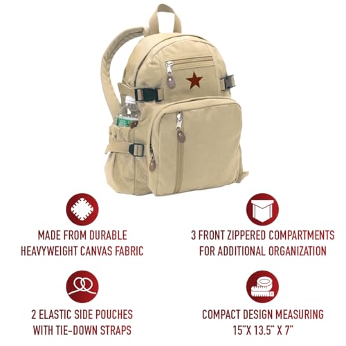 Rothco Vintage Canvas Compact Backpack, Small Cotton Canvas Daypack with Multi Pockets, Adjustable Straps, Mini Travel Bag (Khaki)