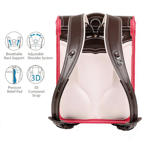 Star-Wind Randoseru backpack automatic school bag boys girls PU leather light weight Rain Cover, Red