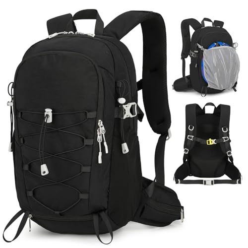 Outplea Small Cycling Backpack with Helmet Holder for Men Women, 15L Waterptoof Lightweight Hiking Backpack with Chest Strap & Waist Pocket for MTB Biking, Black
