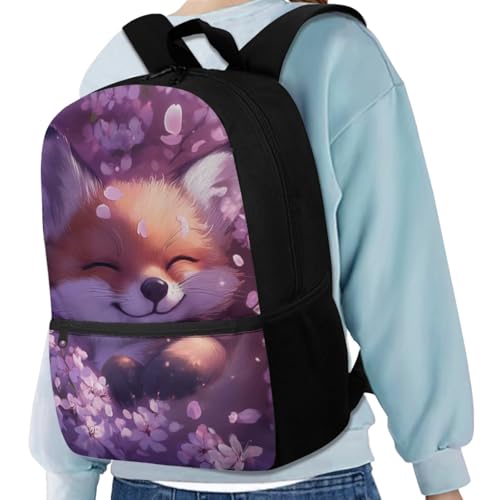 ELEDIZI Cherry Blossom Fox Backpack for Girls Kids Backpack with Lunch Box Water Bottle Holder with Strap and Pencil Pouch 4PCS Bookbag with Front Pocket for School 17" Sturdy Elementary School Bag