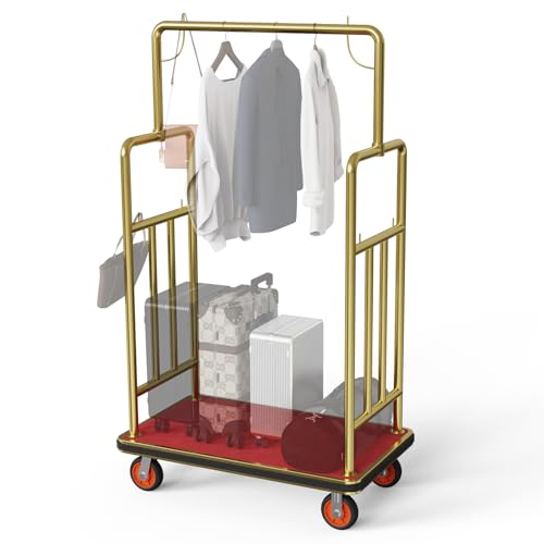 Gold Hotel Luggage Cart,42"x24" Bellman Cart with Baffle Guardrail and 6In Caster Weight Capacity Up to 850LBS Provide Convenience to Guest Gold Finished Hotel Cart Add Elegance to Hotel&Resort