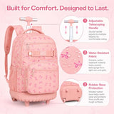 AGSDON Playful Bow Print Girls Rolling Backpack Set – 20” Roller Bookbag with Matching Lunch Box for Travel, Commute & School | Water-Resistant Fashion Wheeled Organizer in Pink