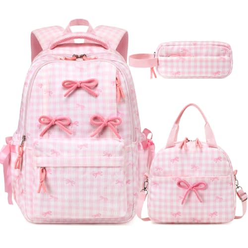 Similove Backpack for Girls Corduroy 3PCS Bow School Bookbag for Teen Girl with Lunch Box & Pencil Pouch Lightweight Laptop Backpack for Middle High Elementray School Travel Daypack