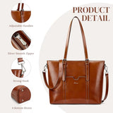 S-ZONE Women Cow Split Leather Laptop Tote Bag Shoulder Handbags 15.6 Inch Purse, Dark Brown, L