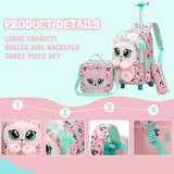 Meetbelify Rolling Backpack for Girls 3D Carton Backpack with Wheels for Elementary Student Kids Plush School Bag with Lunch Box Pencil Case for Girls Ages 6-8 Years Old Pink