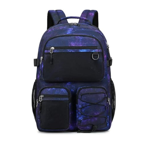 Lohol Multi-Pocket Backpack for Travel College, Heavy Duty Big Bookbag with 15.6 inch Laptop Compartment (Black Purple Galaxy