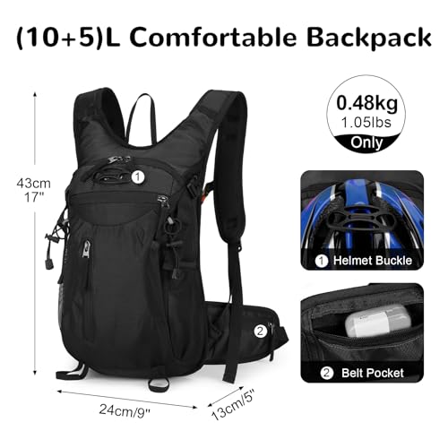 Outplea 15L Cycling Backpack with Helmet Buckle for Men Women, Small Waterproof Lightweight Bike Hiking Backpack with Chest Strap for MTB Biking Climbing, Black