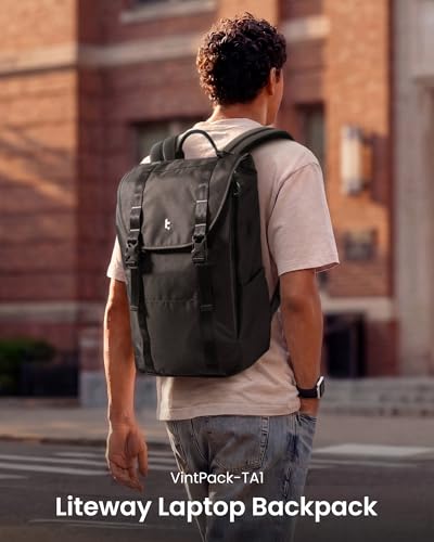 tomtoc Flap Laptop Backpack, Lightweight, Water-Resistant Casual Daypack, Durable Work-pack, Vintage Classic Rucksack for 13-16 Inch Laptop, perfect for Campus, Street, 22L