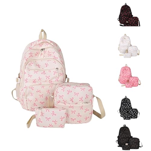 Bow Backpack For Girls Kawaii Coquette Nylon Fabric 3 Piece Set Cute Lightweight Adjustable Straps Laptop Commute Travel Fashion Daypack Pink