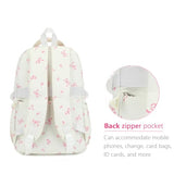 PRLINJSK Girls Backpack for College High Middle School Student, Cute Aesthetic Bookbag for Teens Women with Accessories, Beige Bow