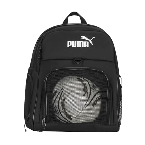PUMA Pitch Ball Backpack with Front Mesh Ball Compartment & Ventilated Shoe Pocket, Black, One Size | Backpacks4Less