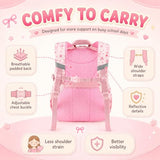 BTOOP Multi-Compartment Kids Backpack for Girls, Cute Pink Bow School Backpack with Chest Strap, Side Pocket Fits 40 oz Tumbler, Luggage Strap, Girls Bookbag for Elementary Middle School