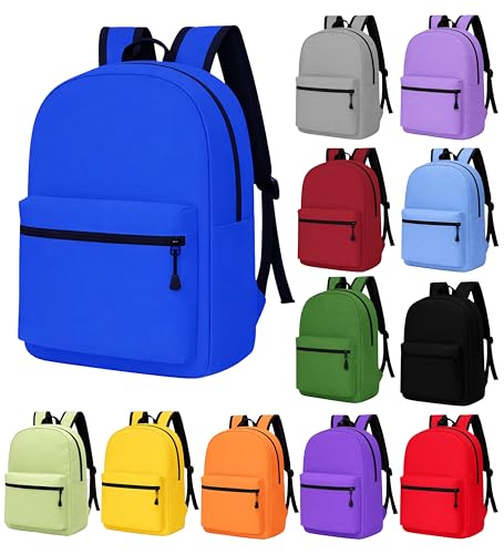 Winterlace 12 Pcs Backpacks 17” 2-Compartment Zippered for Adults Kids School Travel Donations Lightweight Outdoors (Assorted Colors, 12 Pack)