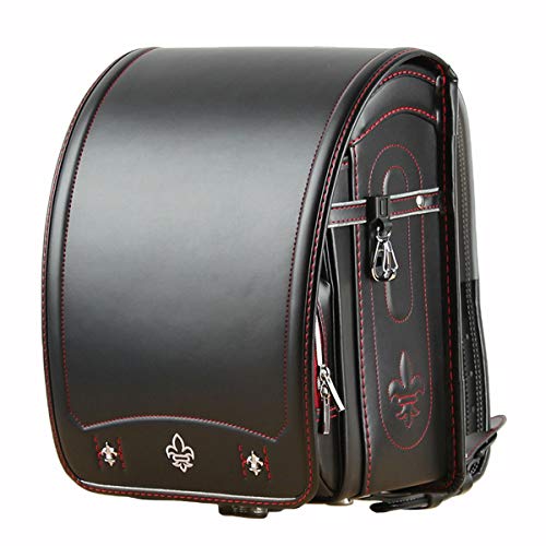 Star-Wind Randoseru Ransel backpack automatic Lock Japanese school bags for primary school students Leather backpacks for kids boys and girls ((Black*Red)