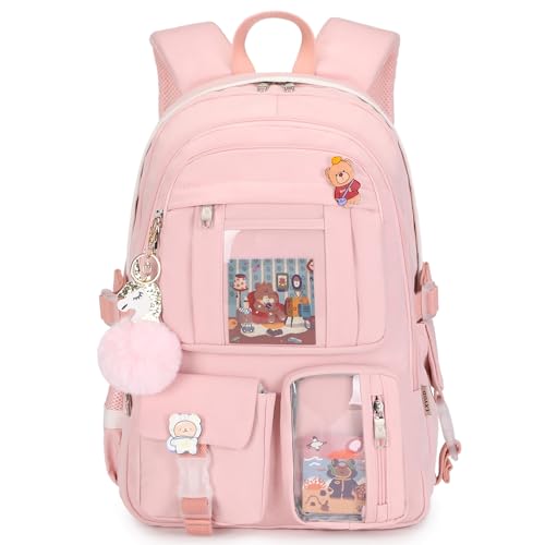 Backpack for Girls with Accessories Laptop Bookbags 16 Inch Kawaii Kids Elementary Middle High School Bag College Travel Daypack Gifts for Teens Women Students (Pink)