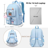 Backpack for Girls with Accessories Laptop Bookbags 16 Inch Kawaii Kids Elementary Middle High School Bag College Travel Daypack Gifts for Teens Women Students (Blue)