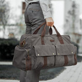 S-ZONE Unisex 56L Duffle Bag Canvas Travel Bag Carry on Leather Trim Overnight Weekender Bag Sports Bag for Travel Weekend Holiday, Grey