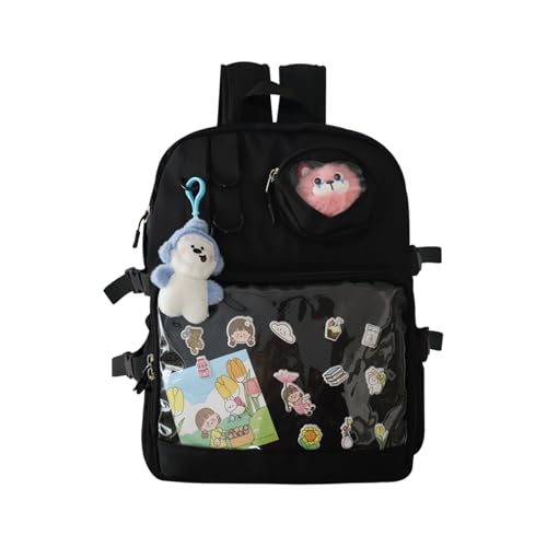 MOVOYEE Backpack for Men Travel Women Work Hiking Casual Daypack Backpacks Teens Girls Boys Kids BookBag,Anti Theft Carry On Clear Backpack,Cute Ita Bag with Pin Display Adjustable Strap Black