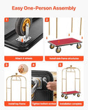 VEVOR Hotel Luggage Cart, 1200 lbs Heavy Duty Bellman Cart with Stainless Steel Frame, 8 in Rubber Wheels, Red Carpeted Deck, Commercial Luggage Carrier Rolling Trolley for Hotels, Resorts, Gold
