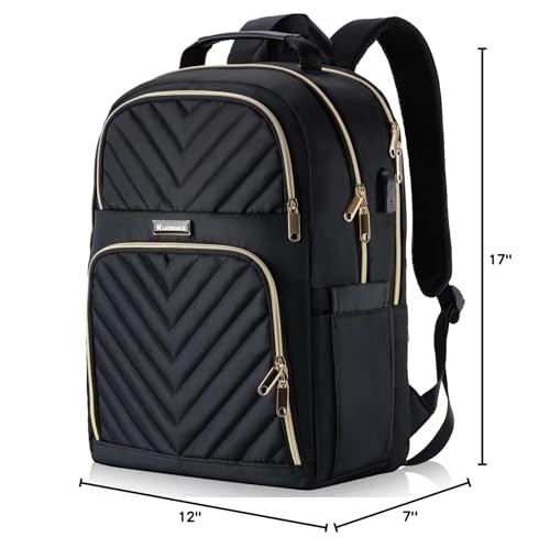 Kuosdaz Laptop Backpack for Women, School Backpack for Teen Girls, 15.6 Inch Quilted Work Backpack Purse, Large Anti-theft Bookbag for Students, Casual Daypacks for Women,Black