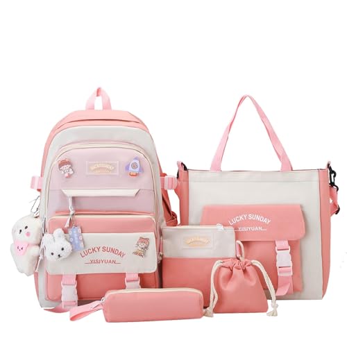 WEGUZIX Kawaii 5PCS Backpack Set for Teen Girls with Cute Bear Accessories - Aesthetic School Bookbag Back to School Supplies, A-Pink