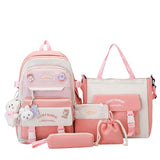 WEGUZIX Kawaii 5PCS Backpack Set for Teen Girls with Cute Bear Accessories - Aesthetic School Bookbag Back to School Supplies, A-Pink