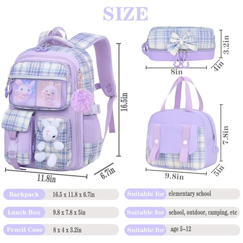NSEQB Kids School Backpack Set With Lunch Bag for Elementary Girls,Purple