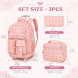 CCJPX 3Pcs Rolling Backpack for Girls, Roller Wheeled School Bookbag, Bow Wheels Backpacks with Lunch Box for Kids (Pink)