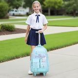 FIXITOK Rolling Backpack for Girls, Kawaii Bunny Roller Wheels School Backpacks with Lunch Bag Pencil case, Wheeled Suitcase Bookbag for Elementary Travel Dreamy Aquamarine