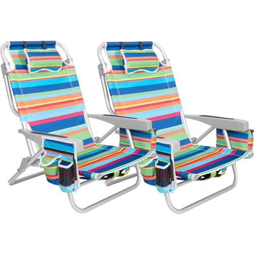 Kamglide 2 Pack Aluminum Backpack Beach Chairs for Adults, 5-Position Lay Flat Folding Camping Chairs with Cooler Bag, Cup & Phone Holder, Towel Bar, Lightweight Portable Outdoor Chairs,Multi Stripes
